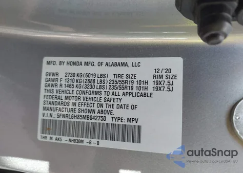 2021 Honda Odyssey Touring from USA, damaged, VIN 5FNRL6H85MB042750